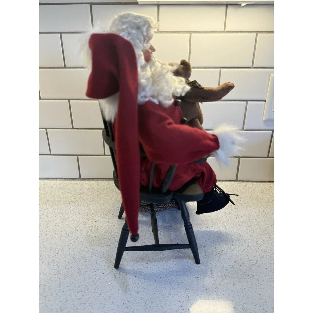 Santa Sitting In Wooden Chair Teddy Bear And Bag Decor Figurine 15